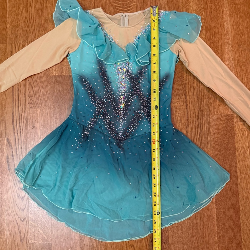 Figure Skating Customized Dress Teal Aqua Ombré Rhinestone Stoned Long Sleeve XS - Picture 14 of 17